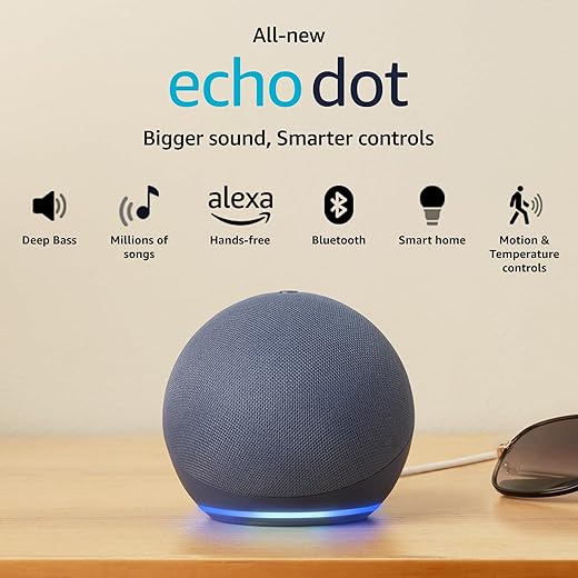 Amazon Echo Dot (5th Gen) | Smart speaker with vibrant sound, Motion Detection, Temperature Sensor, Alexa and Bluetooth| Blue Amazon Echo Dot (5th Gen) | Smart speaker with vibrant sound, Motion Detection, Temperature Sensor, Alexa and Bluetooth| Blue