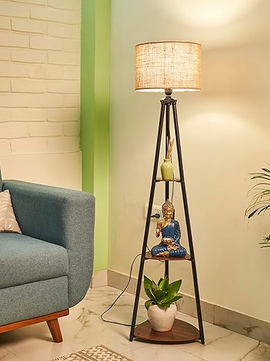 Crosscut Furniture LED Tripod Floor Lamp with 3 Shelves, Brown Jute, Metal Corner Floor Lamp, for Decoration and Gifting Crosscut Furniture LED Tripod Floor Lamp with 3 Shelves, Brown Jute, Metal Corner Floor Lamp, for Decoration and Gifting