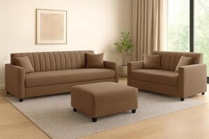 DIVISHA HOMES 3 + 2 Seater Wooden Sofa Set – Comfortable Velvet Fabric Sofa with Ottoman, Stylish & Space-Saving Design for Home & Office - Golden