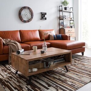 G Fine Furniture Wooden Center/Centre Table for Living Room | Drawing Room & Office, Natural Finish & Iron Black Legs, 18 in, 32 in