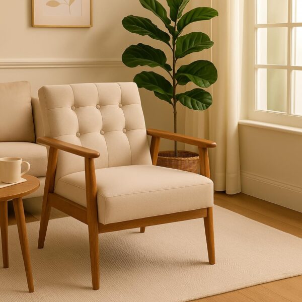 Little eXtra Handmade Mid Century Armchair- Wooden Frame Single Sofa Chair for Living Room, Bedroom, Study Room, Solid Wood (1 Chair, Beige) Little eXtra Handmade Mid Century Armchair- Wooden Frame Single Sofa Chair for Living Room, Bedroom, Study Room, Solid Wood (1 Chair, Beige)