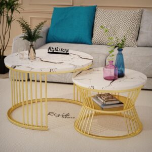 RIZIK STORE® Iron Frame Handmade 20.5" x 20.5" Round Coffee Table/Nesting Table/Side Table/Center Table with Engineered Wood Top for Living Room/Drawing Room/Balcony (White)